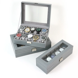 Caja organizadora de relojes en cuero PU gris con ventana de vidrio y almohadillas