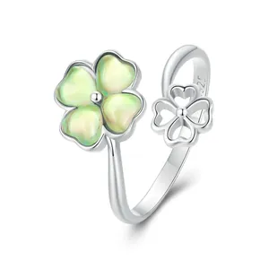 925 Sterling Silver Four Leaf Clover Open Ring For Women Adjustable Lucky Green Stone Hollow Out Fashion Finger Jewelry
