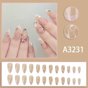 French press-on nails with cherry, floral motifs and bow accents in nude pink 24pcs set