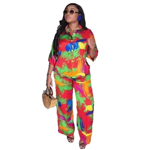 Conjunto de 2 piezas para mujer con estampado abstracto, camisa y pantalón ancho