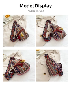 Detail of ethnic crossbody bag with colorful embroidery, tassels and geometric wide strap