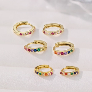Three-pair set of gold S925 sterling silver hoop earrings with rainbow cubic zirconia stones