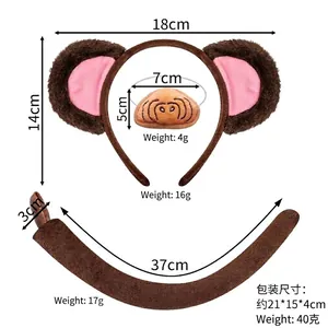 Detailed monkey costume set with plush ears, nose and tail showing exact measurements