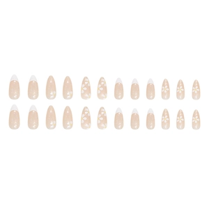 Almond fake nails with white French tips, glitter finish and daisy flower patterns