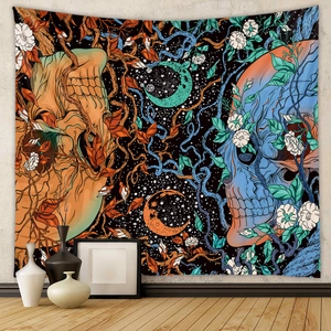 Psychedelic Skull Wall Tapestry Polyester Bohemian Gothic Floral Moon Star Hanging Decor For Bedroom Living Room