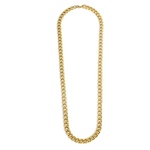 Detail of a golden stainless steel Cuban link necklace showing classic flat metal links