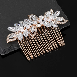 Rose gold bridal hair comb with marquise crystals and pearls for wedding hairstyles