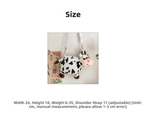 Size chart showing dimensions for the cute cartoon cow plush crossbody bag with adjustable strap