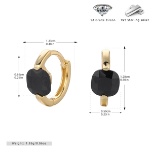 Detail view of gold S925 silver earrings with black square zircon and size measurements