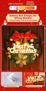 Detail of warm LED Merry Christmas wreath with battery box and red bow decoration