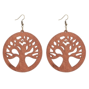Orecchini vintage in legno con intaglio albero della vita in venatura marrone rossiccio
