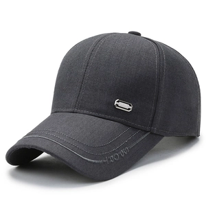 Dark grey cotton baseball cap for men with metal logo plaque and embroidered brim detail