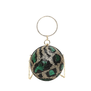 Spherical leopard print sequin evening bag with gold rhinestone handle and chain strap