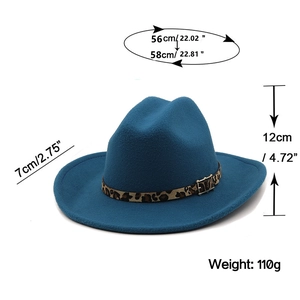 Blue fedora wool hat with leopard print belt buckle for men and women outdoors