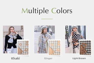 Detailed grid of plaid scarves with floral patterns in khaki, ginger, and light brown