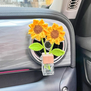 Handmade crochet sunflower car air freshener vent clip with glass oil bottle