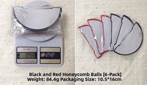 Set of 6 black and red paper honeycomb balls for party decor, weight 84.4g, size 10.5x16cm
