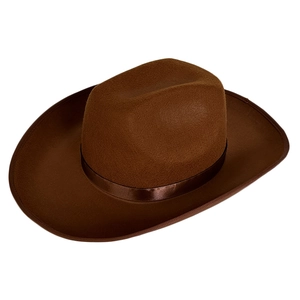 Macro detail of dark brown felt cowboy hat featuring a sleek coffee satin decorative band