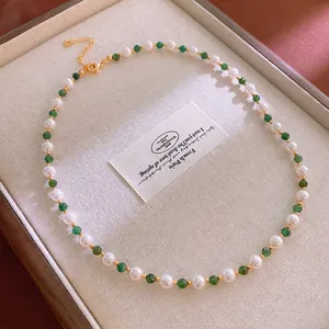 Beaded Necklace With Faux Artificial Pearl And Green Natural Stone Retro Elegant Clavicle Chain For Women Gold Plated Copper