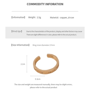 Detailed size specifications of the zircon star open ring in golden finish copper