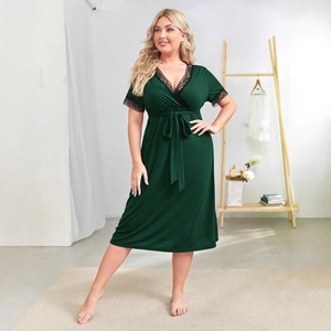 Plus Size Women Dress V Neck Lace Trim Short Sleeve Tie Waist Mid Length Polyester Spandex Casual Solid Color Elegant