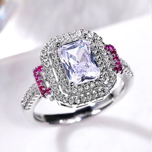 Women Engagement Ring Emerald Cut Zircon Double Halo Copper White Gold Plated Pink Stone Luxury Geometric Wedding Jewelry