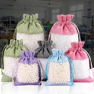 Jewelry Drawstring Bags Imitation Linen Organza Patchwork Gift Pouches With Transparent Window For Favors Storage