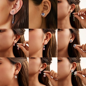 Detail showcase of various S925 sterling silver earrings with multi-color 8A zircon stones