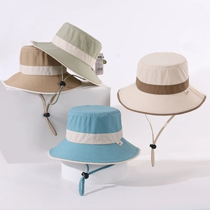 Kids wide brim sun hats in pastel colors with adjustable windproof chin straps