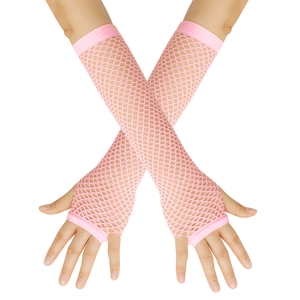 Detailed view of pink long fingerless fishnet gloves with elastic mesh texture for costume