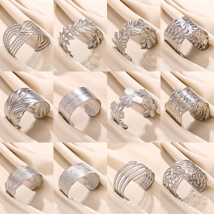 Stainless Steel Open Cuff Bracelet For Women Wide Hollow Geometric Hammered Leaf Snake Design Adjustable Modern Jewelry