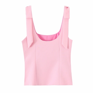 Women's pink sleeveless crop top with wide bow straps in smooth stretch fabric