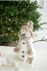 Detailed view of a plush Christmas snowman doll with faux fur and a stylish plaid trapper hat