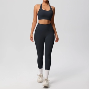 Detail of high-waist yoga set fabric showing seamless double-sided brushed texture