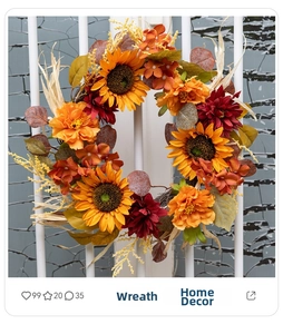 Detailed view of 45cm artificial sunflower wreath with red dahlias for autumn door decor