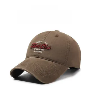 Close-up of vintage brown washed cotton baseball cap with Ford Club embroidery