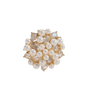 Elegant gold base brooch with white pearls and sparkling marquise cubic zirconia stones