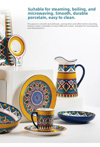 Detail of bohemian ceramic dinnerware set showing vibrant patterns, microwave and dishwasher safe