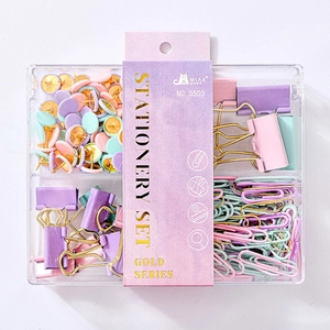 Macaron color stationery set with gold binder clips and paper clips in a four-grid box
