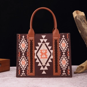 Detailed close-up of bohemian tote bag with ethnic patterns and leather handles