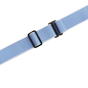 Adjustable blue and white striped elastic stretch belt for women with dual black buckles