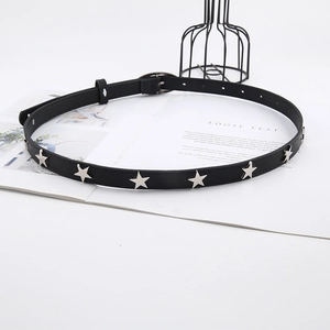 Slim black leather belt with silver star studs displayed on a white background