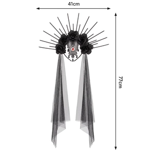Gothic queen crown with black roses, red gems and long tulle veil, 41cm x 77cm size view