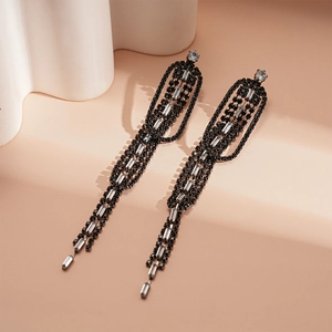 Elegant luxury black fringe earrings with oval rhinestones for formal evening wear