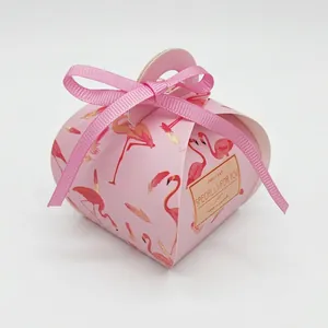 European pink flamingo heart wedding candy favor box with ribbon, pack of 50 pieces