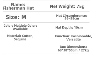 Tabella taglie dettagliata per cappello pescatore con paillettes, circonferenza 56-58cm
