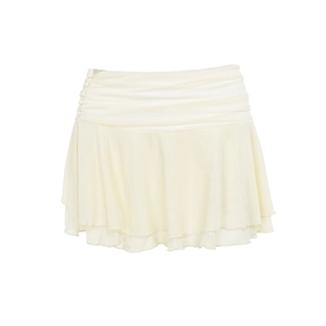 Detail view of cream white chiffon mini skirt with side decorative button and ruffled hem