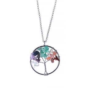 Handmade Tree of Life necklace featuring silver wire wrap and colorful natural crystal stones