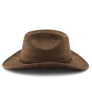 Close-up of the dark brown faux suede cowboy hat with a braided band and rustic knot detail