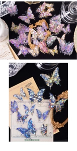 Macro detail of laser iridescent butterfly stickers with vintage lace and gold frame